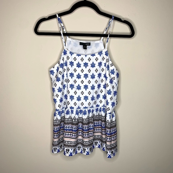 Aqua White Blue Printed Peplum Tank Top XS - Picture 2 of 4